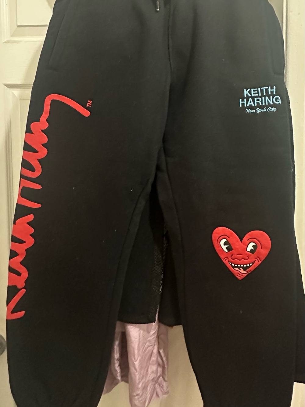 Keith Haring Black Sweatpants with Red Heart Graphic